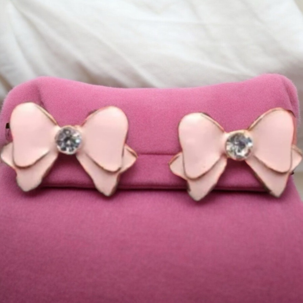 Pink Bow Crystal, Enamel, & Silver Stud Earrings - Picture 3 of 5